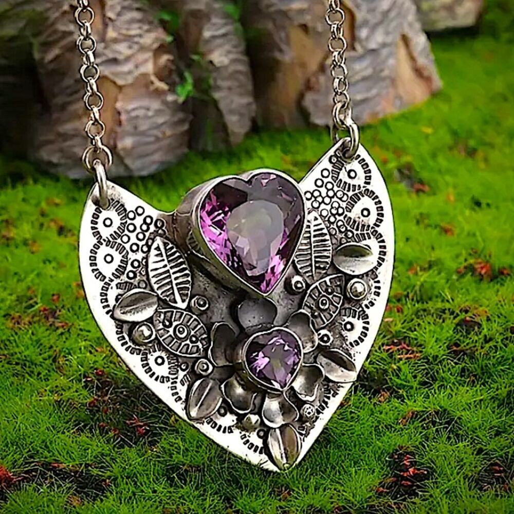 Stainless Steel Heart Shaped Amethyst Stone Necklace - Picture 3 of 5